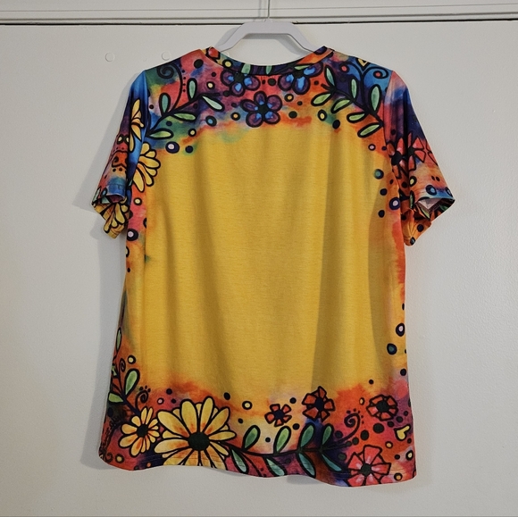 Women's XXL 2X Boho Yellow Rainbow Sunflower Top with Leopard Petals - Picture 3 of 3